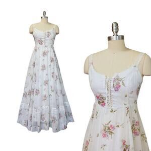 Gunne Sax White Floral Corset Maxi Dress Size 7 9 Vintage 70s Prairie Calico